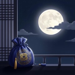 Korean New Year's illustration with traditional lucky bags, magpies and moon