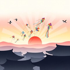 Korean New Year's illustration with traditional lucky bags, magpies and moon