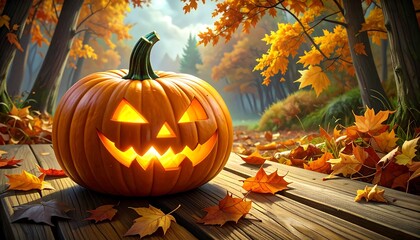 Obraz premium Autumnal Jack-o'-lantern on a wooden path