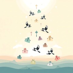 Korean New Year's illustration with traditional lucky bags, magpies and moon