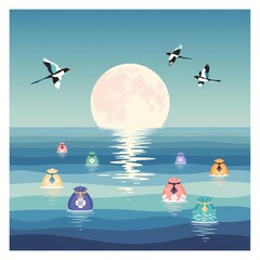 Korean New Year's illustration with traditional lucky bags, magpies and moon