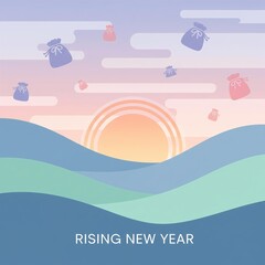 Korean New Year's illustration with traditional lucky bags, magpies and moon