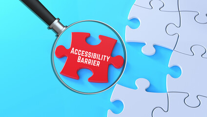 Accessibility Barrier message magnified on red puzzle background in 3D text banner