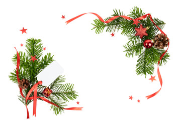 christmas decoration card frame with red ribbon band and fir tree branches isolated on white or transparent png