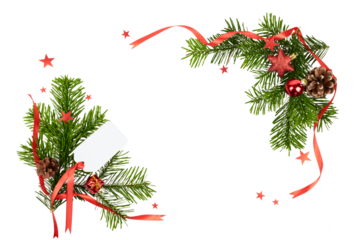 christmas decoration card frame with red ribbon band and fir tree branches isolated on white or transparent png