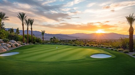Naklejka premium Play a round of golf at sunset on a beautiful, lush green with a stunning mountain view and palm trees