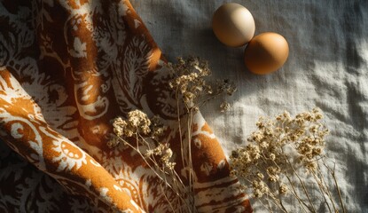 Rustic still life: eggs, fabric, dried flowers