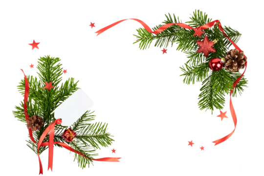 christmas decoration card frame with red ribbon band and fir tree branches isolated on white or transparent png - Powered by Adobe