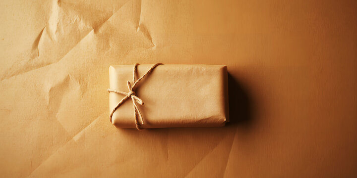 Rectangular gift box wrapped in brown paper and tied with twine present