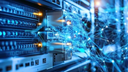 High-tech server room showcasing data transmission and connectivity at a modern data center - Powered by Adobe