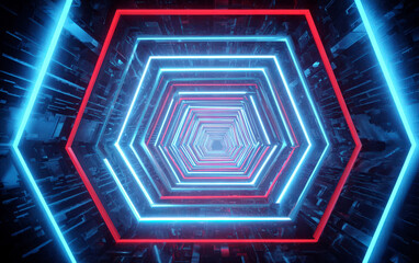 Hexagonal Neon Lights Forming a Futuristic Tunnel