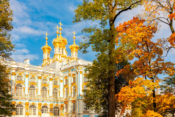 Resurrection church of Catherine palace in autumn, Pushkin (Tsarskoe Selo), Saint Petersburg, Russia
