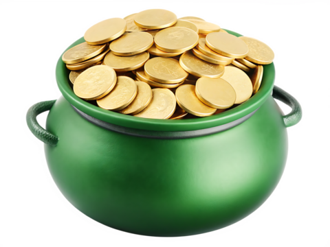 Green pot overflowing with gold coins isolated on white background