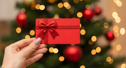 Hand holding a red gift card with a bow in front of a christmas tree