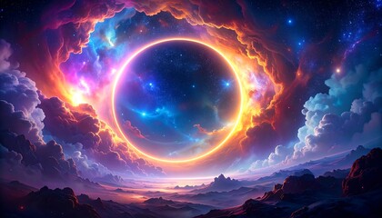 A vibrant cosmic landscape with a luminous ring