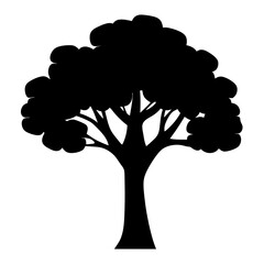 A silhouette illustration of a large, rounded tree with thick branches