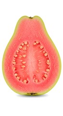 Closeup view of a pink guava fruit, sliced vertically to reveal its texture and seed pattern, isolated on white background