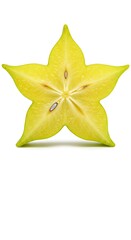 A ripe star fruit slice, isolated on white background, showcasing its unique star shape and juicy texture