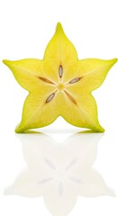 A perfectly cut star fruit slice with reflection, isolated on white background, showcasing its geometric beauty