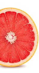 Closeup view of a juicy pink grapefruit half, isolated on white background, showcasing its vibrant segments and texture