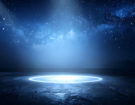 Mysterious blue spotlight illuminates a celestial stage under a starry night sky - Powered by Adobe
