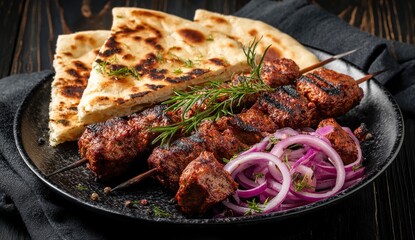 Grilled meat skewers with naan bread
