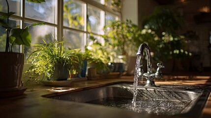 Kitchen sink water flowing sunlight plants