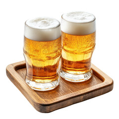 Two frothy glasse of beer rest on a wooden tray, A wooden tray holds two frothy glasses of beer, highlighting their rich color and creamy foam, isolated on transparent background