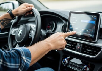 Close-up of a driver's hands interacting with a modern car's touchscreen infotainment system navigating features while on the road.