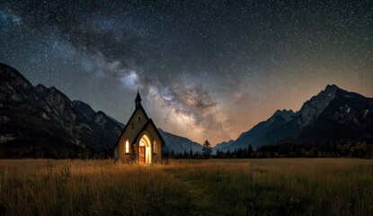 Illuminated chapel, Milky Way, mountain range