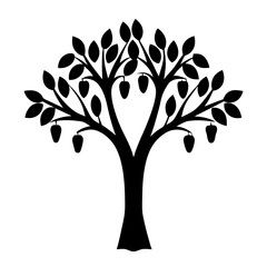 Stylized black and white tree with fruit silhouette on a white background