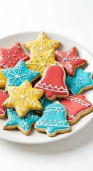 Closeup view of a white plate filled with colorful christmas cookies, including stars and bells, decorated with intricate icing patterns, isolated on white background