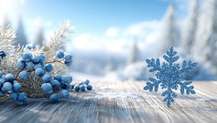 Winter scene: blue snowflake and berries