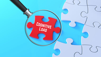 Cognitive Load message magnified on red puzzle background in 3D text banner 