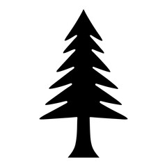 A whimsical, stylized black silhouette of a pine tree on white background