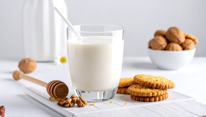 Glass of milk with cookies and walnuts