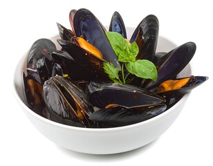 Cooked mussels in a bowl