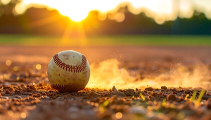 Baseball on a dirt field at sunset, sun glowing behind the ball. Close-up detail, warm tones, slight motion