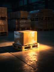 Brightly lit cardboard box on a pallet in a warehouse during late evening hours, with pallets stacked in the background