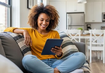 Smiling black woman relaxing on sofa using tablet enjoying digital content in cozy living room setting