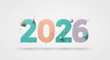 Abstract 3D Render of "2026" with Pastel Orbs