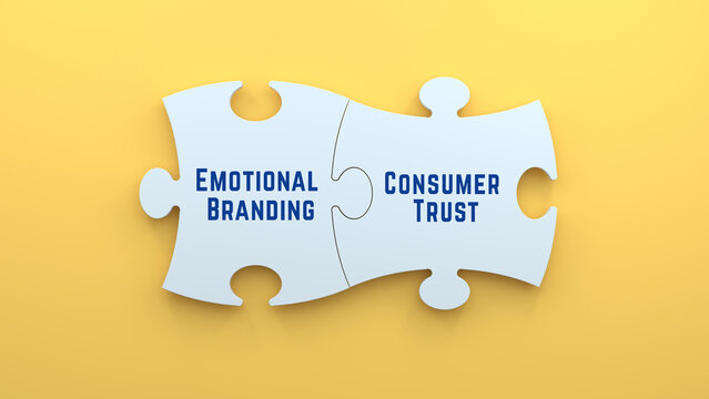 Emotional Branding and Consumer Trust text message on jigsaw puzzle pieces. white puzzle and yellow background