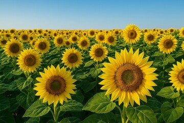 Fototapeta premium Endless sunflower field stretching to horizon under clear sky