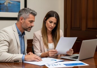 Obraz premium Focused business professionals collaborating on documents and laptop in office setting