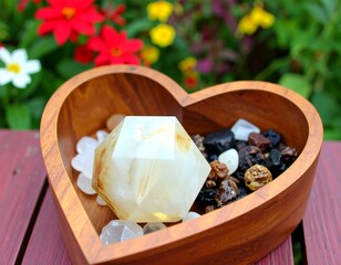 Heart-shaped bowl with crystals and stones