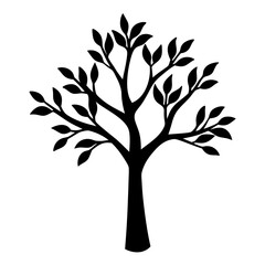 Black Tree Silhouette with Leaves Isolated on White Background Design Element