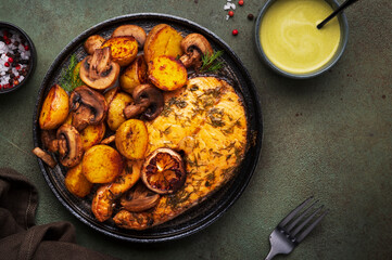 Delicious dinner with roasted salmon, baby potatoes and mushrooms, green table background, top view
