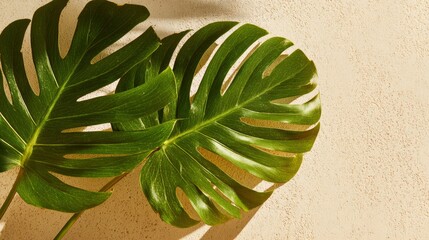 Tropical Green Leaves on Beige Wall