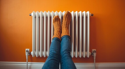 Person in knitted orange socks resting feet on white radiator against bright orange wall, symbol of winter heating, cozy home atmosphere, warmth, comfort, relaxation and energy efficiency