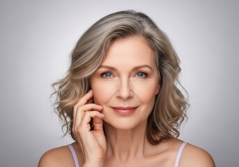 Mature woman smiling gently while holding her face with a hand suggesting thoughtfulness and inner peace